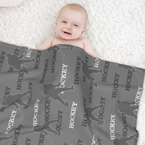 Miniatura 2 de Manta de bebé de hockey de 30 x 40 pulgadas, manta de forro polar reversible gris con diseño de hockey sobre hielo, manta de felpa ultrasuave