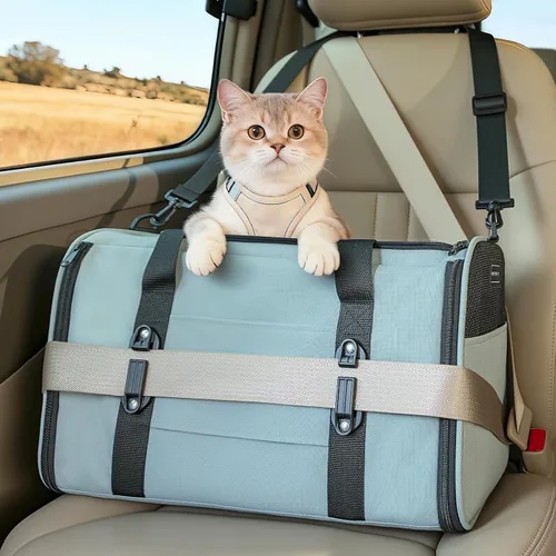 Miniatura 12 de PETSFIT Transportador de gatos de lados suaves con hebillas de seguridad patentadas, cremalleras bloqueables y correa de seguridad, transportador
