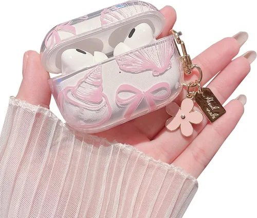 Miniatura 14 de MINSCOSE Compatible con AirPods Pro de 2ª/1ª generación, bonito diseño de patrón de conchas y estrellas de mar con llavero, funda protectora de TPU