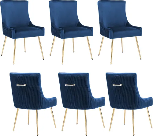 Miniatura 17 de adochr Juego de 2 sillas de comedor modernas con patas de metal dorado, silla de cocina tapizada de terciopelo, respaldo plisado, silla decorativa