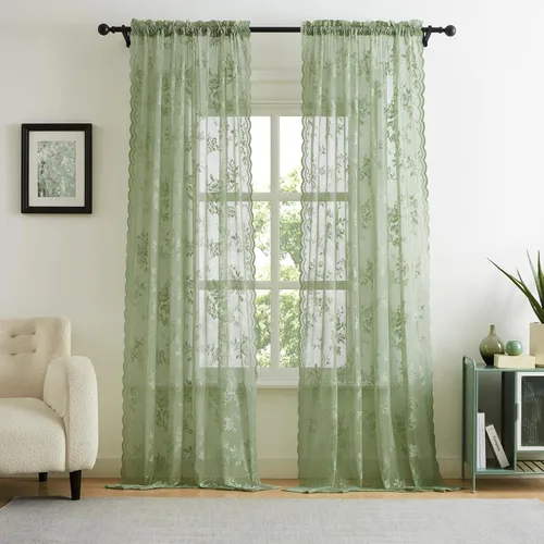 Miniatura 28 de SEEKRIGHT - 2 paneles de cortinas traslúcidas de encaje negro, cortinas góticas florales, cortinas victorianas con bolsillo para cortinero