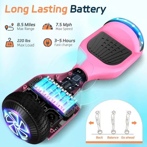 Miniatura 5 de Scooter con luces LED Bluetooth Corlorful, ruedas de 6.5 pulgadas, scooter de motor dual de 300 W para niños, niñas, niños y adultos, todas las Rosa