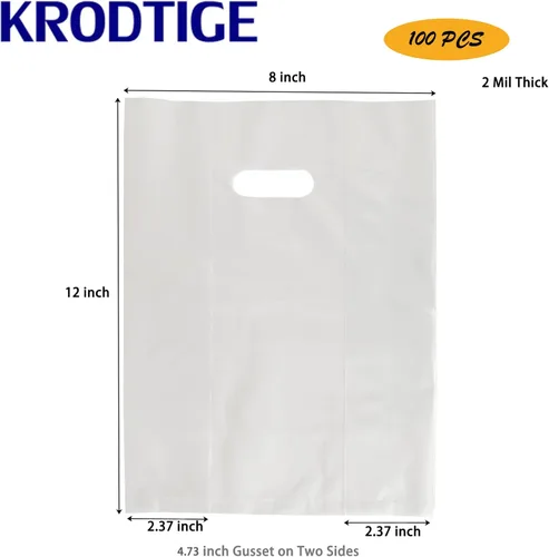 Miniatura 4 de Krodtige 100 bolsas de plástico transparentes de 8 x 12 pulgadas con asas troqueladas y refuerzo, asas troqueladas de 2 mil de grosor, perfectas