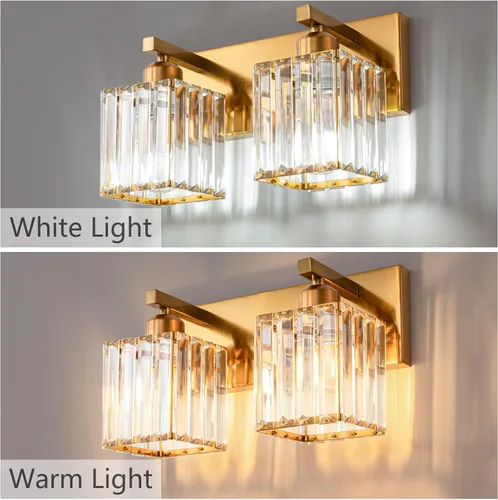 Miniatura 2 de Lámpara de cristal de pared moderna de latón cepillado dorado con 2 luces para tocador de baño Oro Recto