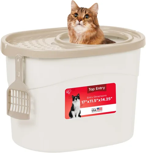 Caja de arena para gatos IRIS USA, entrada grande en la parte superior con tapa para atrapar arena y cuchara, a prueba de perros, caja de arena
