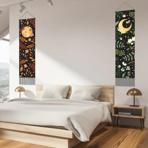 Miniatura 5 de AHANDMAKER 2 tapices de flores y hojas, tapiz de sol y luna, psicodélico largo vertical para colgar en la pared, tapices de estética botánica, tapiz