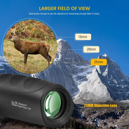 Miniatura 3 de Monocular compacto impermeable de 8 x 25 pulgadas, monoculares de telescopio de visión amplia de alta definición, viene con paño de limpieza