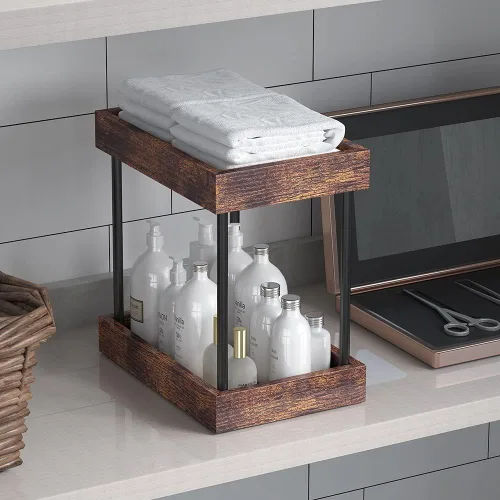 Miniatura 6 de MAHUEEOL Organizador de Baño de 2 Niveles para Encimera, Bandejas de Baño de Madera para Encimera, Organizador de Tocador de Cosméticos