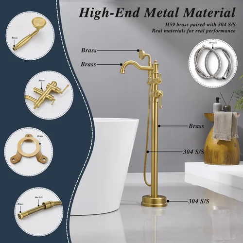 Miniatura 3 de Grifo de bañera independiente, clásico y elegante, de cuello de cisne, con rociador, latón de lujo, montaje en el suelo, grifo de baño romano