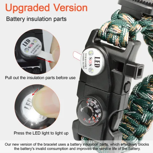 Miniatura 6 de Brazalete de paracord de supervivencia 20 en 1, kit de equipo ajustable con luz LED SOS, arrancador de fuego, brújula más grande, silbato
