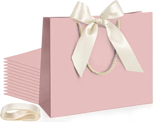Miniatura 20 de Silkfly 12 bolsas de regalo con asas para dama de honor, 12 x 10 x 4 pulgadas, elegantes bolsas de regalo de bienvenida de boda con lazo para Rosa