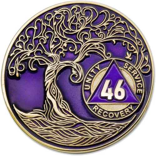 Miniatura 21 de 20 Year Sobriety Mint Twisted Tree of Life - Medallón de recuperación AA chapado en oro, fichas y fichas, color negro