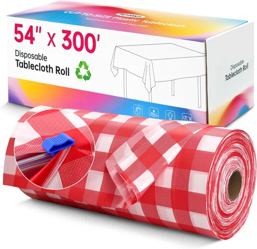 Miniatura 11 de Mantel de plástico desechable, rollo de mantel negro de 54 pulgadas x 300 pies, mantel desechable con cortador deslizante para mesas redondas