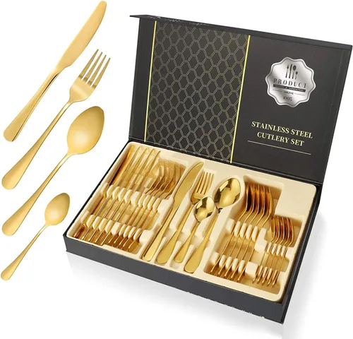 Juego de cubiertos dorados de acero inoxidable para 6 personas, juego de cubiertos de cocina, utensilios de regalo, cuchillo, tenedor, cuchara,