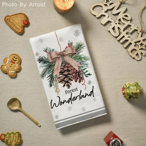 Miniatura 4 de Artoid Mode Árboles de Alce Piñas de Pino Bayas de Acebo Hola Invierno Toallas de Cocina, Toallas de Mano de Decoración de Navidad con Moño de 4