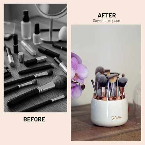 Miniatura 7 de Soporte giratorio para brochas de maquillaje con tapa, organizador de tocador a prueba de polvo para brochas de maquillaje, cuenco limpiador