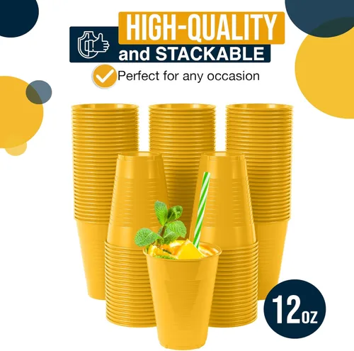Miniatura 3 de Exquisitos vasos de plástico Party Solids de 12 onzas para suministros de fiesta, paquete de 50 vasos desechables amarillos de plástico, vasos