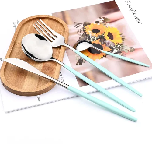 Miniatura 2 de Juego de cubiertos de espejo, 24 piezas de cubiertos de acero inoxidable 18/0 con mango verde menta, vajilla simple y moderna para cena de Verde