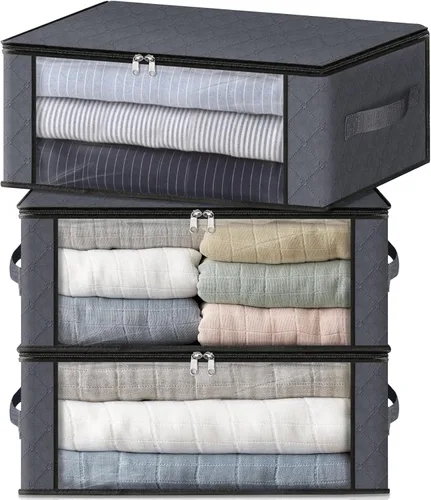 Miniatura 18 de HomeHacks Paquete de 3 bolsas organizadoras de ropa, caja de almacenamiento plegable con gran ventana transparente y asas resistentes para armario