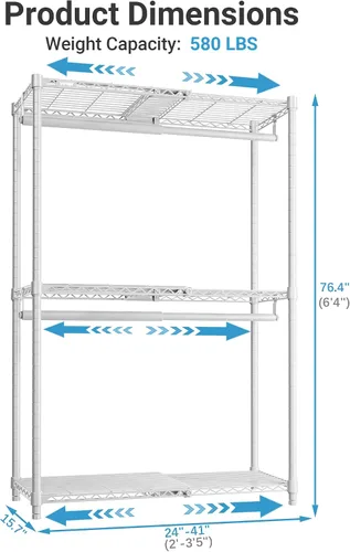 Miniatura 5 de VIPEK X1 Perchero de Ropa Extensible Uso Pesado Ajustable de 2' a 3'5" con Estantes Flexibles y Barras Colgadoras Percheros de Metal para Ropa Blanco