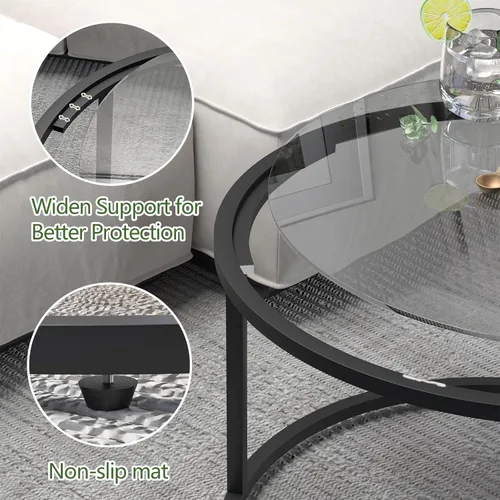 Miniatura 3 de Mesa de café redonda, pequeña mesa de café negra para sala de estar, mesa central moderna de 27" con tapa de vidrio transparente y marco de metal