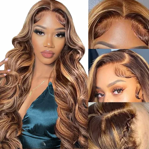 Aicrelery Peluca de cabello humano con encaje frontal de 30 pulgadas, Highlight 13x6, Ombre P4/27, color marrón dorado, frontal con cabello de bebé,