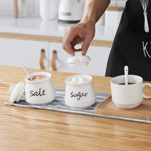 Miniatura 5 de Tazones de azúcar y sal de 12 onzas con tapa y cuchara, ollas de cerámica para condimentos, recipiente de especias para cocina, apto