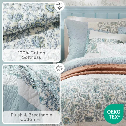 Miniatura 3 de Madison Park Juego de edredón 100% algodón con estampado floral, costuras de doble cara, para todas las estaciones, colcha ligera, ropa de cama Aqua