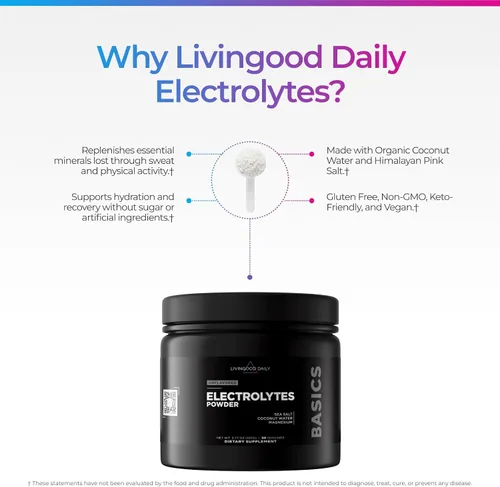 Miniatura 5 de Livingood Daily Polvo de electrolitos, polvo de hidratación de electrolitos con magnesio, potasio, sal marina y agua de coco, mezcla de bebidas