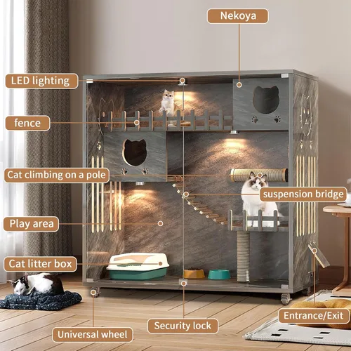 Miniatura 2 de Condominio cerrado para gatos, jaula para gatos de gran espacio con poste rascador, recinto de madera para gatos para interiores y exteriores, casas