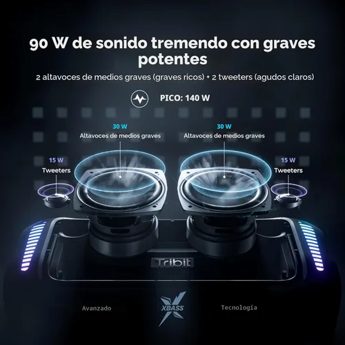 Miniatura 3 de Tribit StormBox Blast - Altavoz Bluetooth portátil, (140W pico) 90W de sonido estéreo fuerte con 30 horas de reproducción, IPX7 impermeable, luz