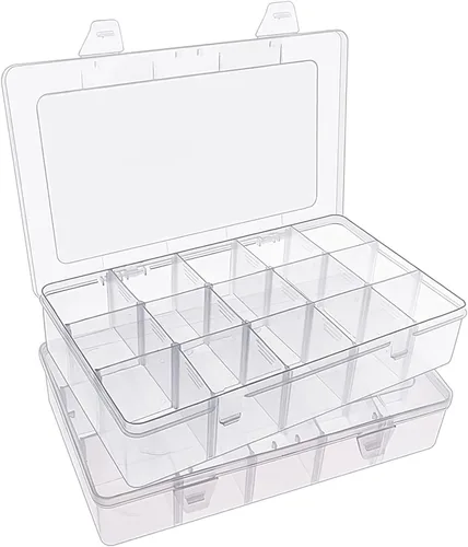 SGHUO - Paquete de 2 cajas organizadoras de cuentas de 15 rejillas, caja organizadora grande de plástico transparente con divisores ajustables para