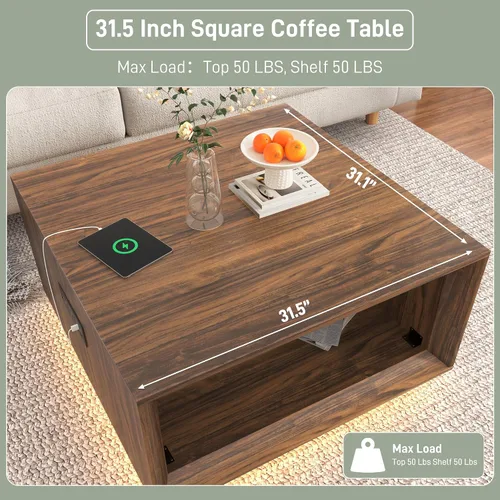 Miniatura 4 de Mesa de centro moderna de mediados de siglo de 32 pulgadas para sala de estar, mesa central cuadrada con luz LED y toma de corriente, mesa de cóctel