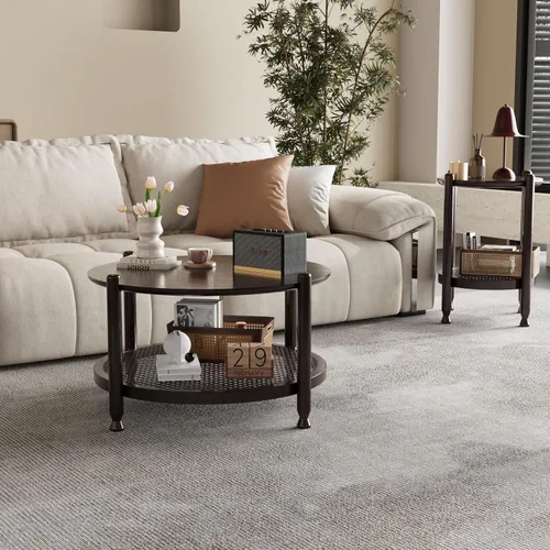 Miniatura 3 de NSdirect Mesa auxiliar redonda de 32 pulgadas para sala de estar, mesa central de madera maciza de 2 niveles para decoración del hogar con estante