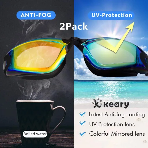 Miniatura 3 de Keary Paquete de 2 gafas de natación antivaho para adultos, jóvenes y niños mayores de 6 años, gafas de triatlón impermeables contra los rayos UV
