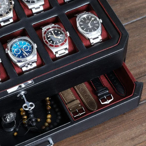 Miniatura 4 de Caja de reloj con cajón de valet para hombres 12 ranuras, caja de reloj de lujo, organizador de exhibición, forro de microgamuza, soporte