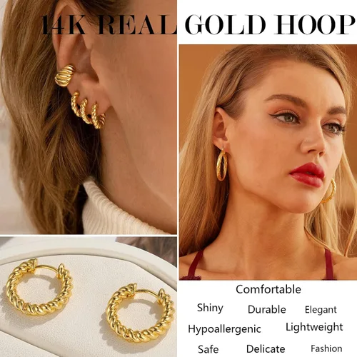 Miniatura 4 de 9 pares de aretes de aro de oro para mujer, chapados en oro de 14 quilates, ligeros, gruesos, trenzados, para regalo, Latón, No es una piedra