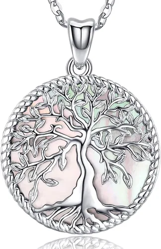 Aniu Tree of Life Necklace for Women, 925 Sterling Silver Mother of Pearl Family Palm Tree Charm Pendant Jewelry for Birthday Christmas Gift