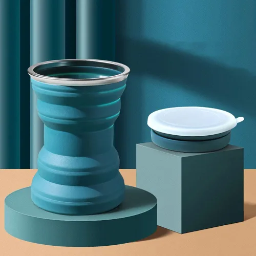 Miniatura 2 de Taza plegable de silicona portátil con cordón, tazas plegables resistentes al calor de 10.8fl oz con tapa, taza de viaje plegable para beber, taza