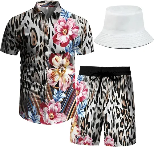Miniatura 31 de RPOVIG Conjunto de playa a juego con camisas y pantalones cortos para hombre, ropa floral hawaiana para festival, conjuntos de 2 piezas con sombrero