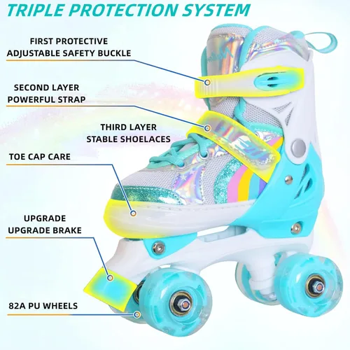 Miniatura 4 de Patines de ruedas Nattork para niños y niñas, patines cuádruples ajustables en 4 tallas para niños con ruedas iluminadas, genial regalo de verde
