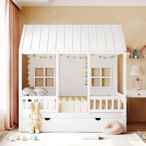 Miniatura 3 de Harper & Bright Designs Cama matrimonial con nido de tamaño individual, cama de madera de tamaño matrimonial con techo, ventanas y valla, marco