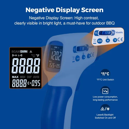 Miniatura 5 de Ring Laser DS20: 1 termómetro infrarrojo pistola de temperatura con carne, pistola térmica con emisividad ajustable y alarma alta/baja, ± 1% de Azul