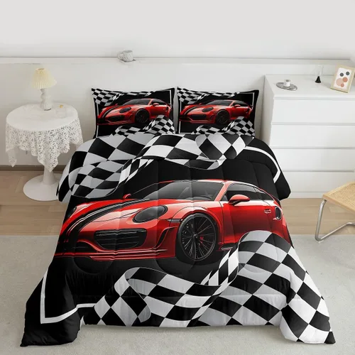Miniatura 4 de Juego de edredón de auto de carreras rojo, tamaño individual, juego de ropa de cama de celosía negro y blanco de 2 piezas para decoración de A-car 01