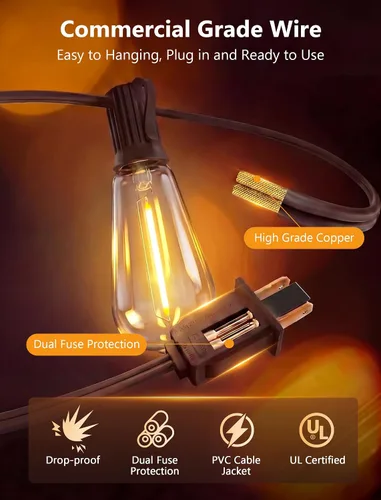 Miniatura 6 de Guirnalda de luces LED ST40 de 20 pies, luces vintage Edison para patio con 22 bombillas inastillables, luces colgantes impermeables para Marrón