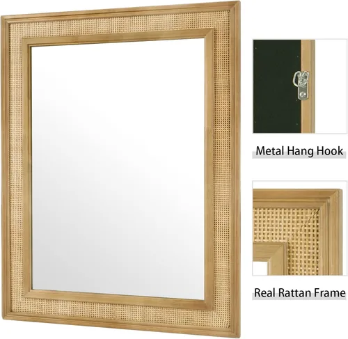 Miniatura 5 de WallBeyond Espejo de Pared de Ratán Rectangular, Espejo de Ratán de 32 X 44 Pulgadas con Marco de Madera para Decoración de Pared, Baño, Sala
