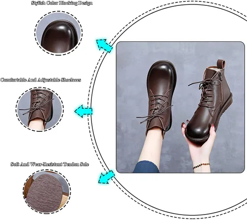 Miniatura 5 de AUNTHUI Botines de cuero genuino para mujer, botas cortas planas con punta redonda, cómodas y suaves, con cremallera lateral, botas casuales retro