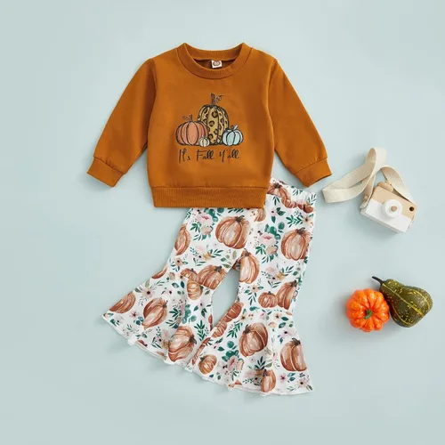 Miniatura 45 de Conjunto de sudadera con cuello redondo y estampado de pastel de calabaza para niña, camiseta y pantalones acampanados