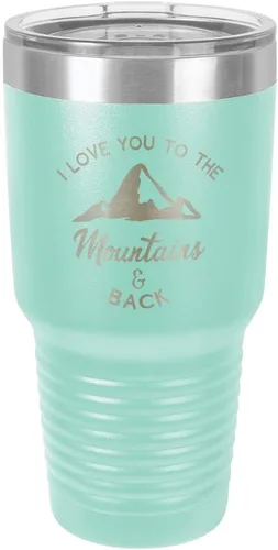 Miniatura 20 de Vaso negro de 30 onzas con popote y tapa superior deslizante con texto en inglés "I love you to the mountains and back", color negro