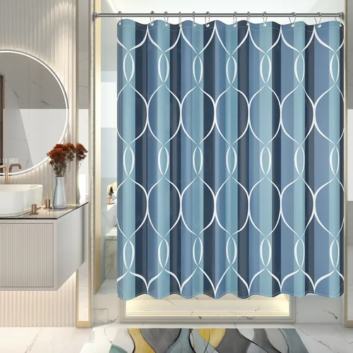 Miniatura 9 de AmazerBath Cortina de ducha azul, juegos de cortinas de ducha geométricas de tela con 12 ganchos para cortina de ducha, cortinas de ducha de Rayas
